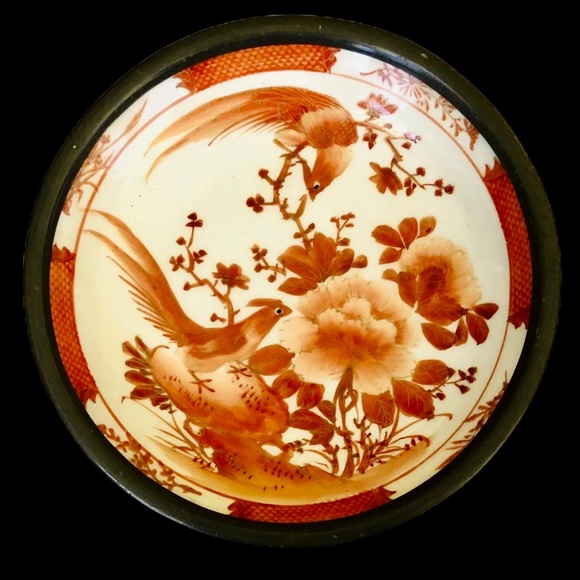 Vintage Hand Painted Asian Porcelain Pewter Bowl